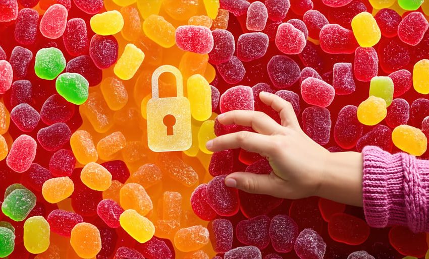 Conceptual illustration of gummies with one side depicting colorful candies and the other side as a warning symbol, highlighting the need for child-safe storage.