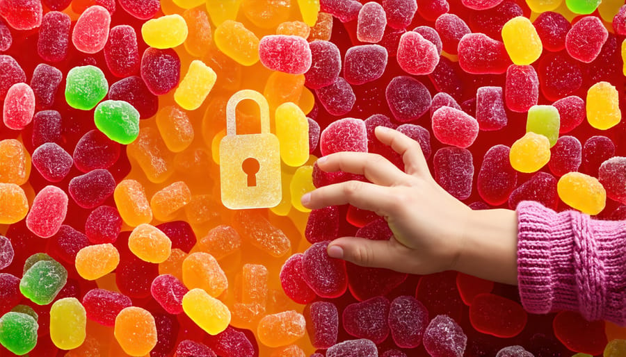 Conceptual illustration of gummies with one side depicting colorful candies and the other side as a warning symbol, highlighting the need for child-safe storage.