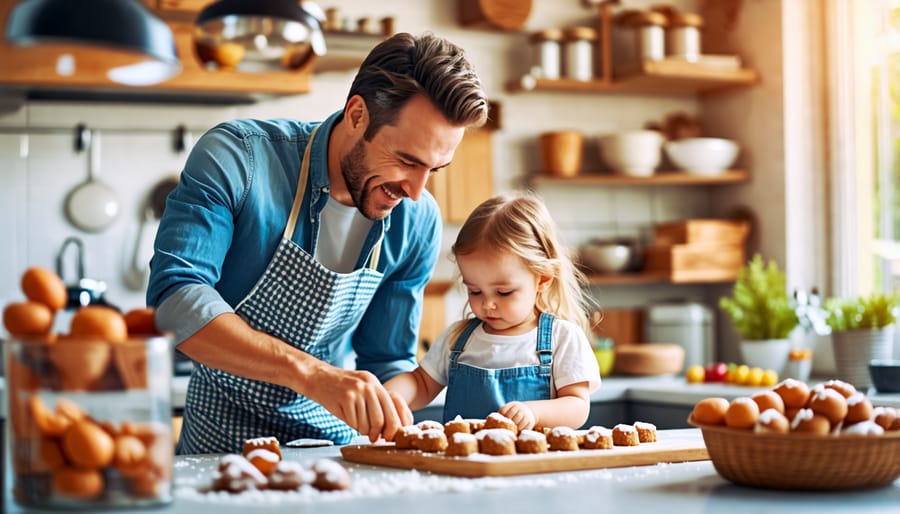 Parent and child cooking together in the kitchen, preparing homemade snacks