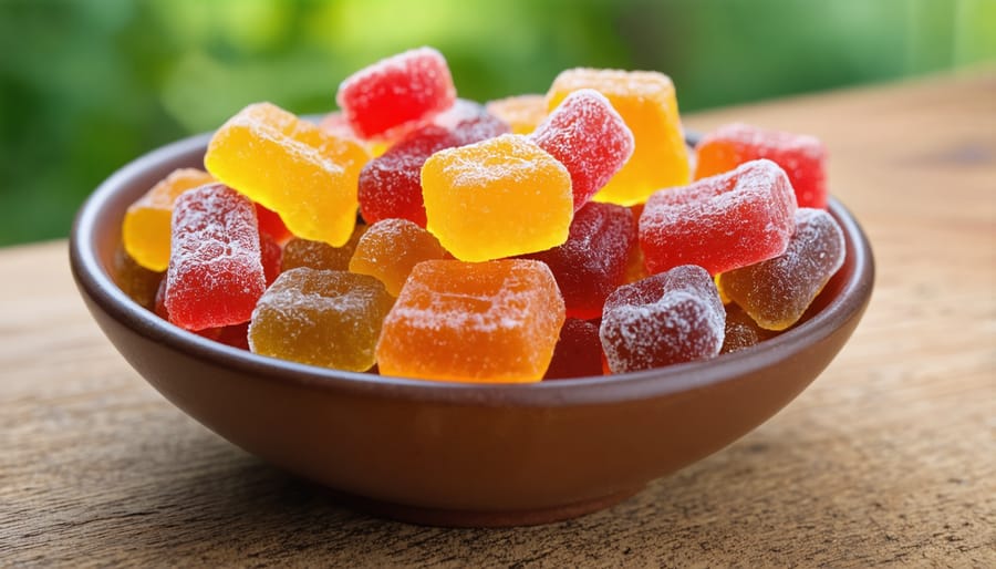 Various types of colorful CBD gummies in a bowl