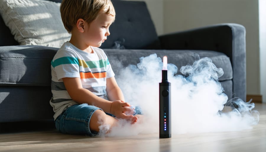 Child in a household environment exposed to secondhand vapor from a vaping device