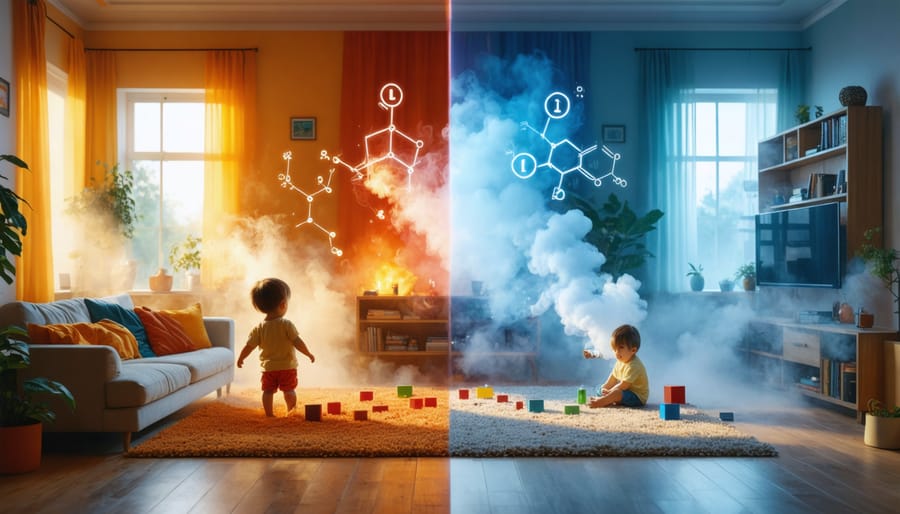 Illustration showing a split view of a family home, with one side depicting children playing safely and the other highlighting the unseen risks of vaping.