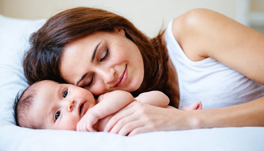 A mother sleeping soundly next to her infant, conveying a sense of relaxation and peace