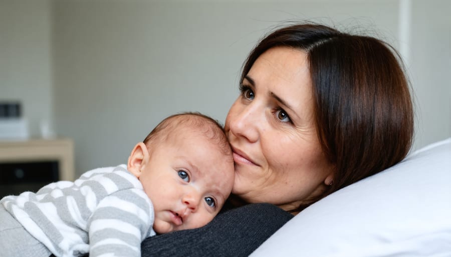 Exhausted mother holding her newborn while showing signs of needing relaxation