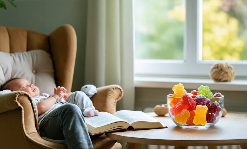 A mother in a cozy nursery setting, sitting serenely in a rocking chair, with a bowl of CBD gummies nearby, symbolizing a gentle approach to postpartum relaxation.