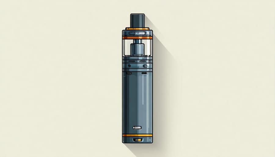 Diagram showing a vaping device with labeled components like battery, atomizer, and e-liquid chamber