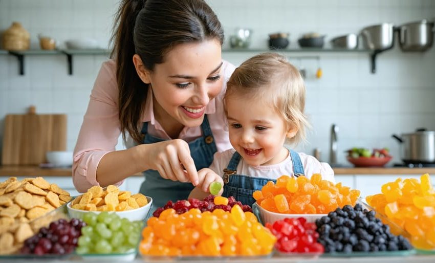 A mother and child happily picking and exploring different colorful freeze-dried candies in a kitchen, illustrating healthy and safe snacking.