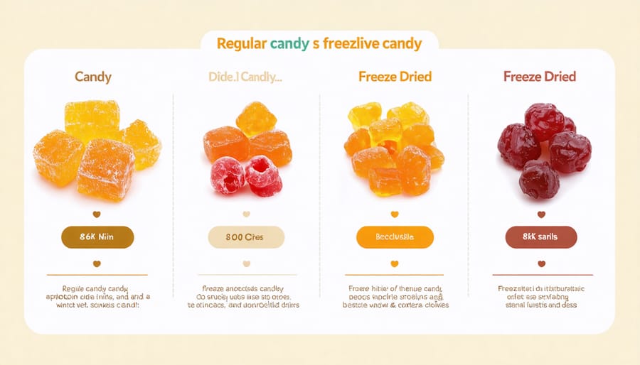 Infographic comparing nutritional values of regular candy and freeze dried candy